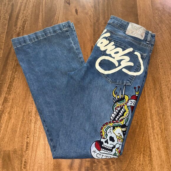 Ed Hardy Denim - Ed Hardy Slim Flare Jeans Vtg Tattoo Skull Graphic New York City Denim Size 30